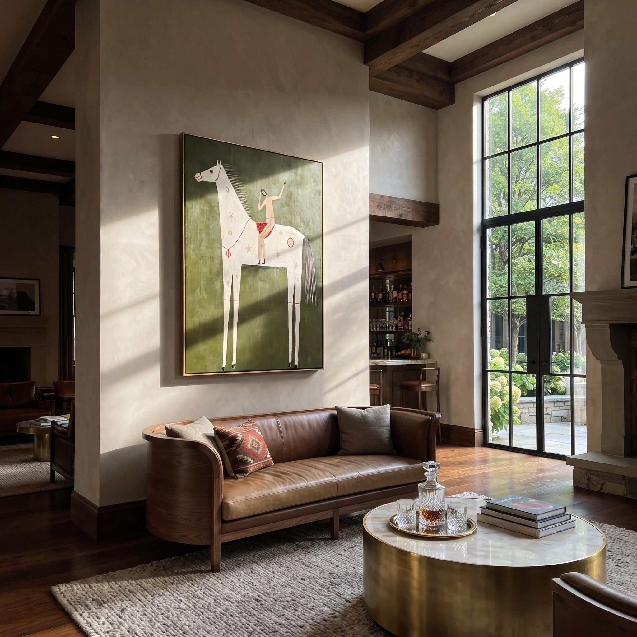 Quiet Reins Share the Long Journey - symbolic horse and rider painting by Isabelle Laurent, modern Western vertical wall art – styled room scene view 3