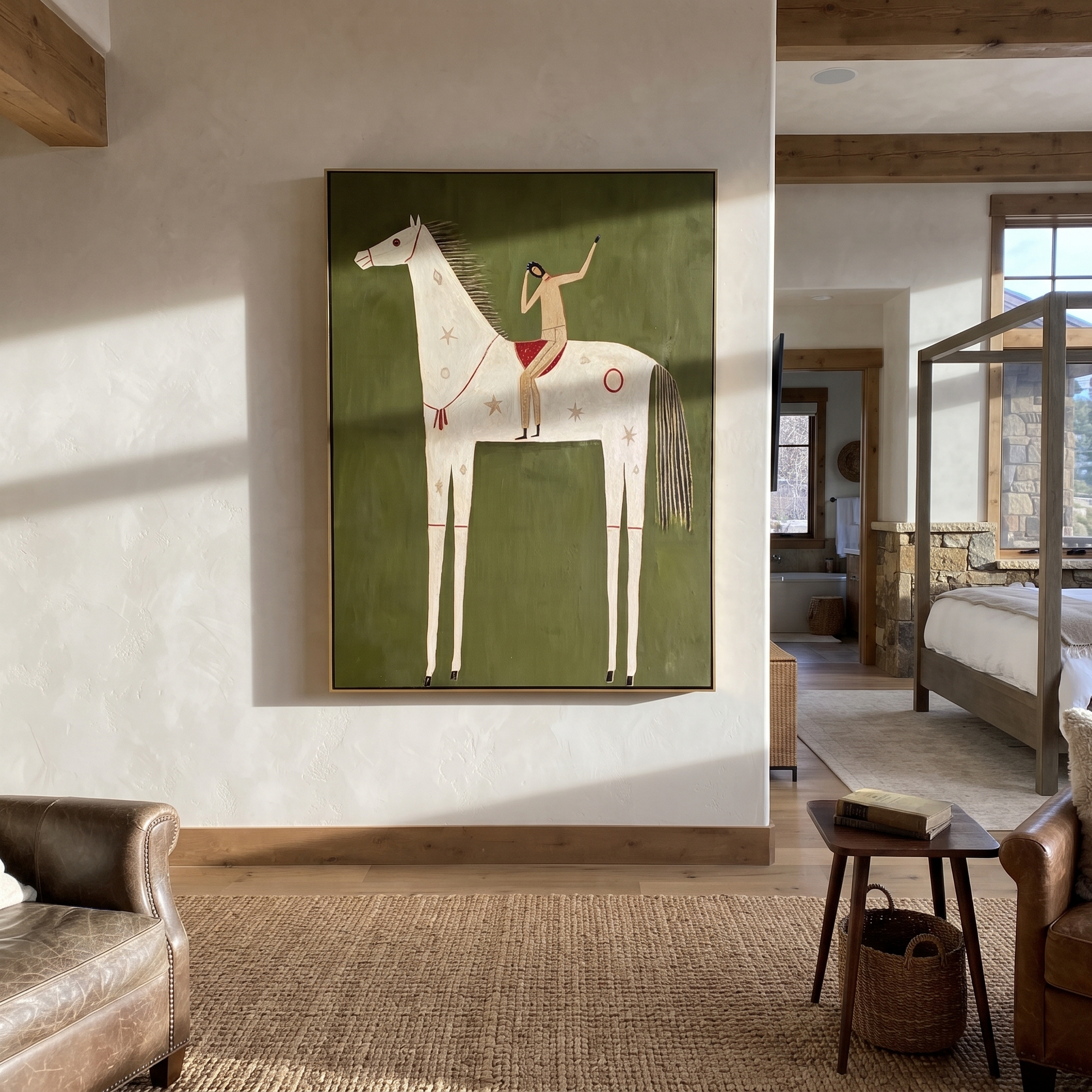 Quiet Reins Share the Long Journey - symbolic horse and rider painting by Isabelle Laurent, modern Western vertical wall art – styled room scene view 4