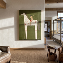 Quiet Reins Share the Long Journey - symbolic horse and rider painting by Isabelle Laurent, modern Western vertical wall art – styled room scene view 4