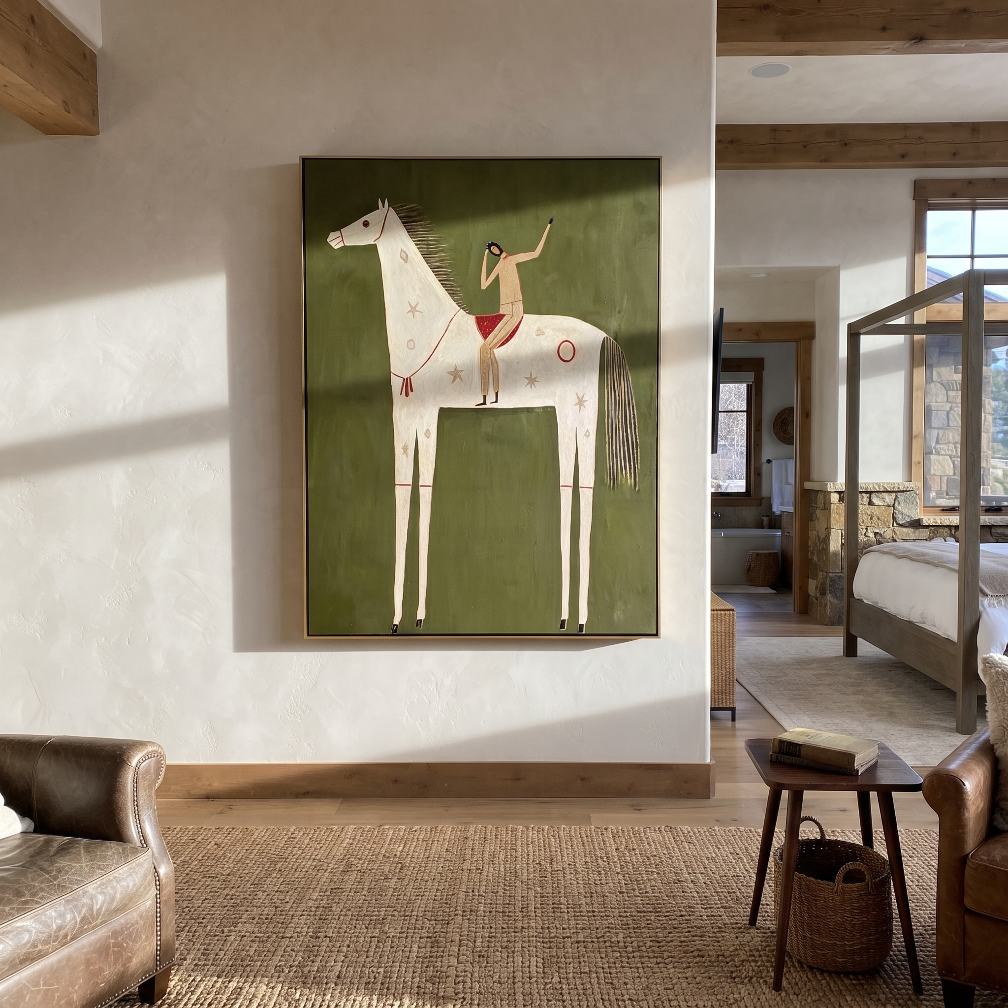 Quiet Reins Share the Long Journey - symbolic horse and rider painting by Isabelle Laurent, modern Western vertical wall art – styled room scene view 4