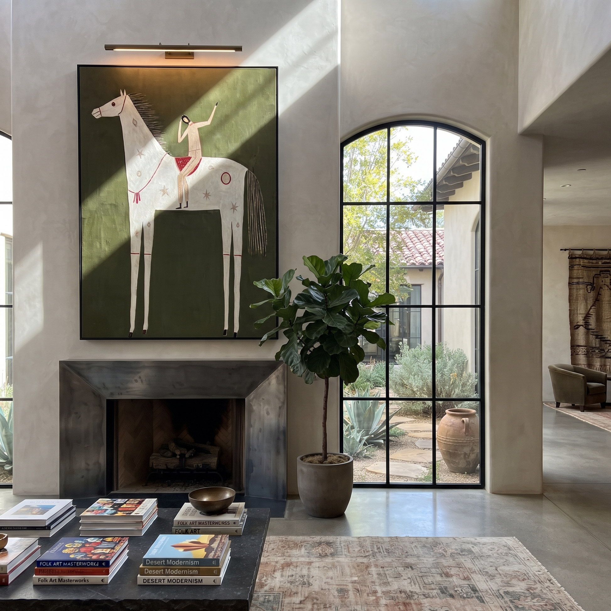 Quiet Reins Share the Long Journey - symbolic horse and rider painting by Isabelle Laurent, modern Western vertical wall art – styled room scene view 5