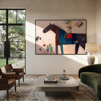 Painted Saddle Share the Long Journey - folk horse painting by Isabelle Laurent, modern Western horizontal wall art – styled room scene view 1