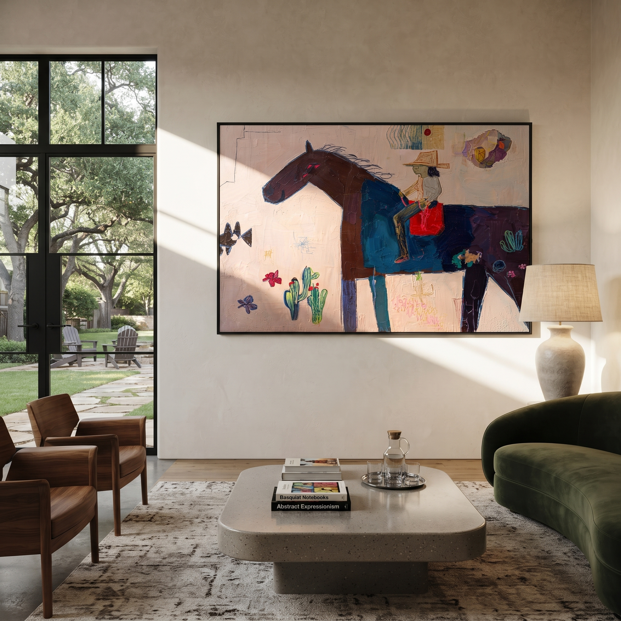 Painted Saddle Share the Long Journey - folk horse painting by Isabelle Laurent, modern Western horizontal wall art – styled room scene view 1