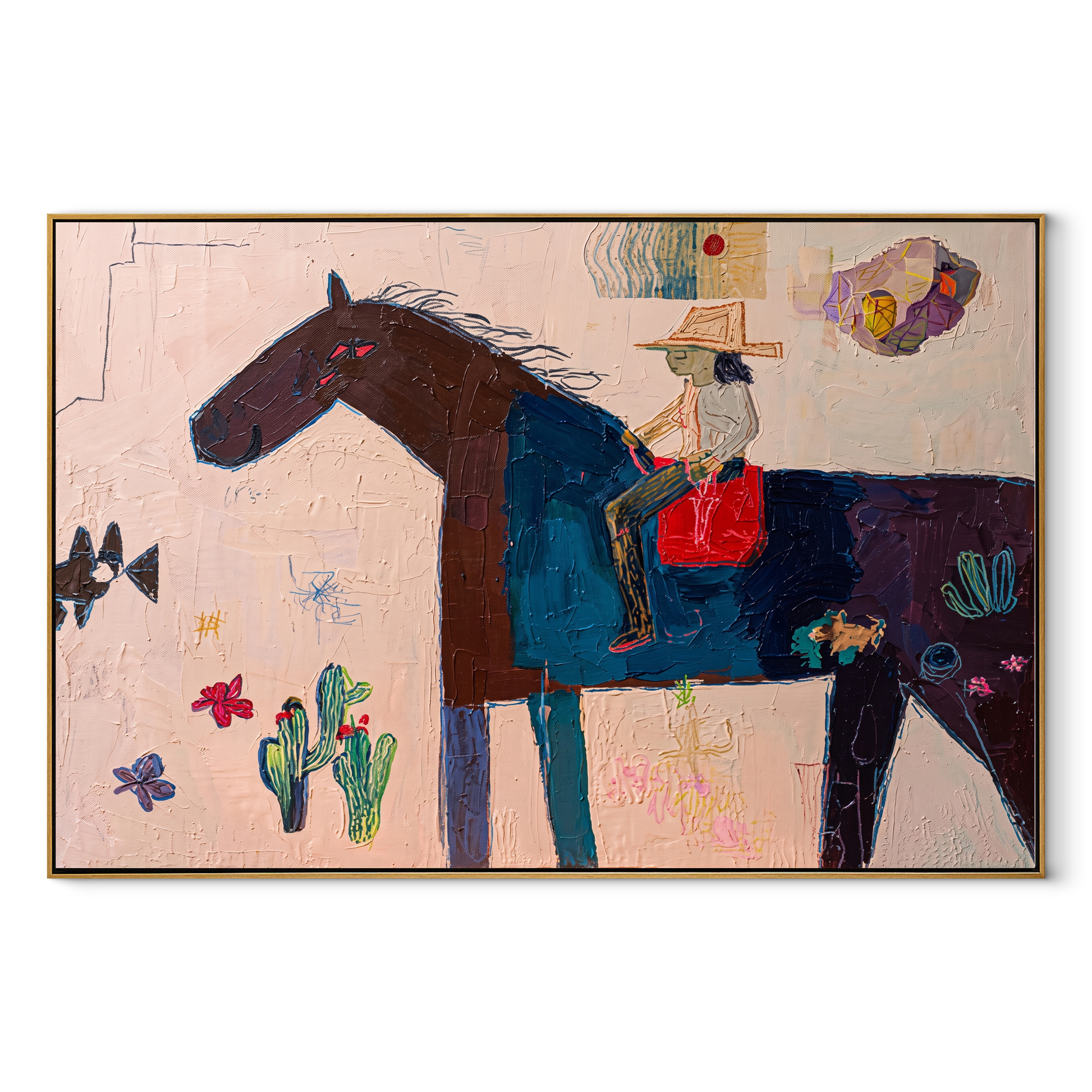 Painted Saddle Share the Long Journey - folk horse painting by Isabelle Laurent, modern Western horizontal wall art – wood frame on white background