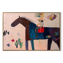 Painted Saddle Share the Long Journey - folk horse painting by Isabelle Laurent, modern Western horizontal wall art – wood frame on white background