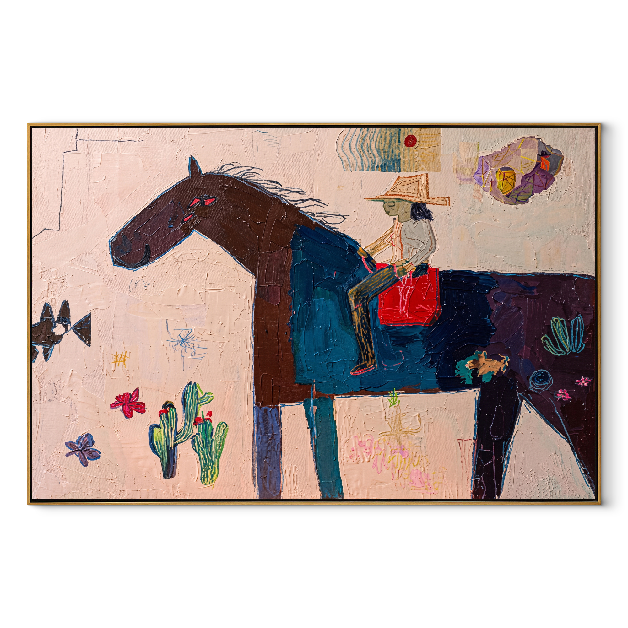 Painted Saddle Share the Long Journey - folk horse painting by Isabelle Laurent, modern Western horizontal wall art – wood frame on white background