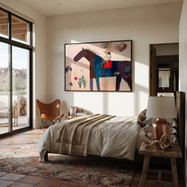 Painted Saddle Share the Long Journey - folk horse painting by Isabelle Laurent, modern Western horizontal wall art – styled room scene view 3