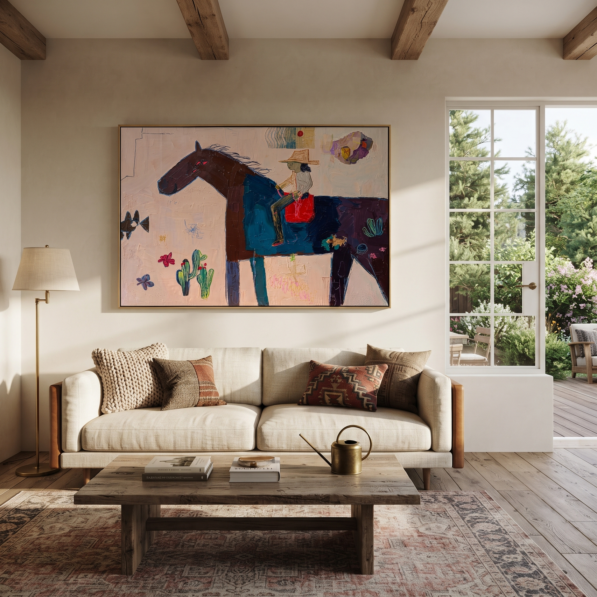 Painted Saddle Share the Long Journey - folk horse painting by Isabelle Laurent, modern Western horizontal wall art – styled room scene view 4