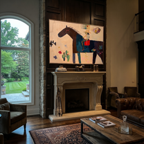 Painted Saddle Share the Long Journey - folk horse painting by Isabelle Laurent, modern Western horizontal wall art – styled room scene view 5
