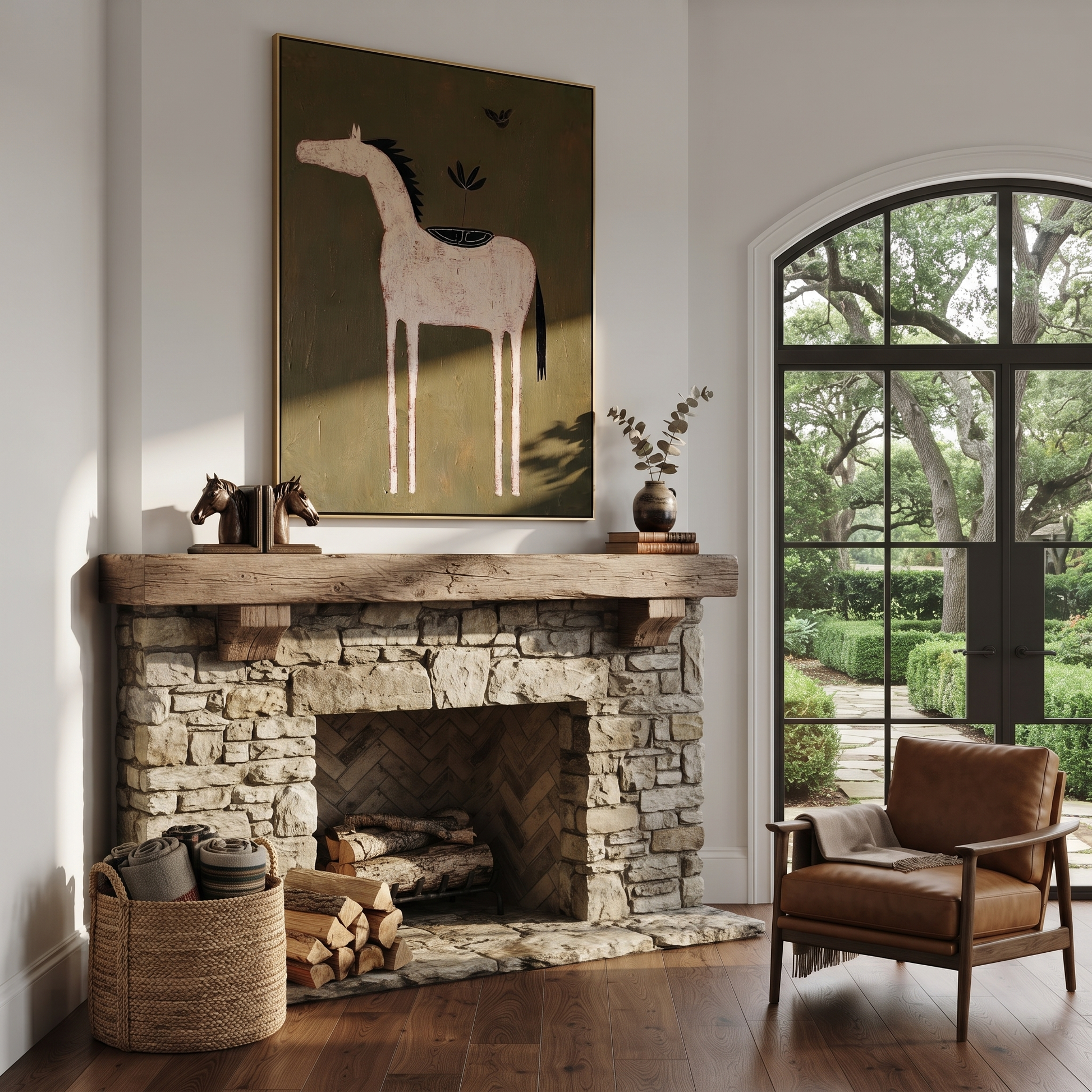 Long Mane Share the Long Journey - folk horse painting by Isabelle Laurent, modern Western vertical wall art – styled room scene view 1