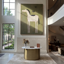 Long Mane Share the Long Journey - folk horse painting by Isabelle Laurent, modern Western vertical wall art – styled room scene view 2