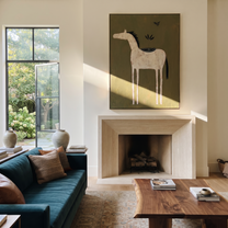 Long Mane Share the Long Journey - folk horse painting by Isabelle Laurent, modern Western vertical wall art – styled room scene view 3
