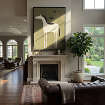 Long Mane Share the Long Journey - folk horse painting by Isabelle Laurent, modern Western vertical wall art – styled room scene view 4