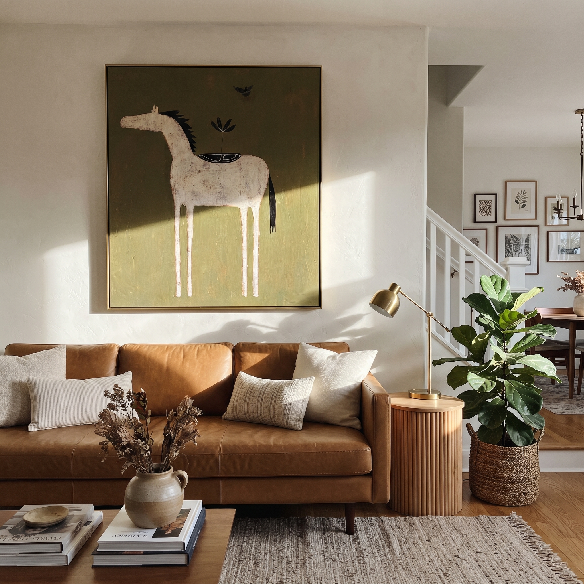 Long Mane Share the Long Journey - folk horse painting by Isabelle Laurent, modern Western vertical wall art – styled room scene view 5