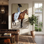 Western Stars Share the Long Journey - horse and rider painting by Isabelle Laurent, modern Western vertical wall art – styled room scene view 1