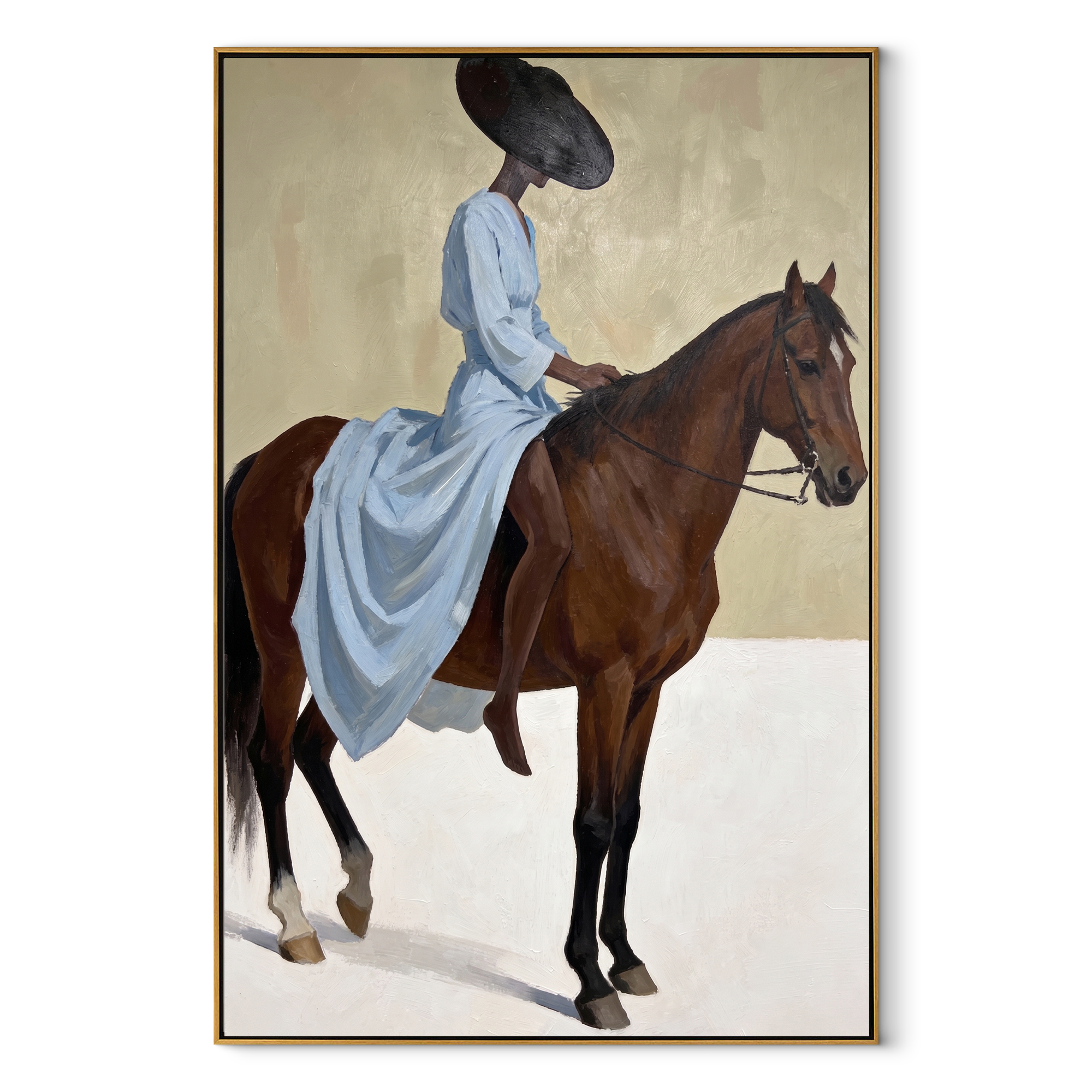 Western Stars Share the Long Journey - horse and rider painting by Isabelle Laurent, modern Western vertical wall art – wood frame on white background