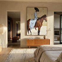 Western Stars Share the Long Journey - horse and rider painting by Isabelle Laurent, modern Western vertical wall art – styled room scene view 2
