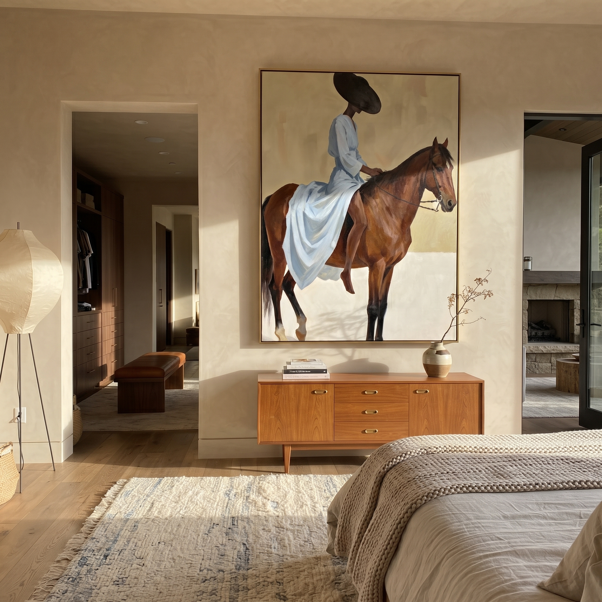 Western Stars Share the Long Journey - horse and rider painting by Isabelle Laurent, modern Western vertical wall art – styled room scene view 2