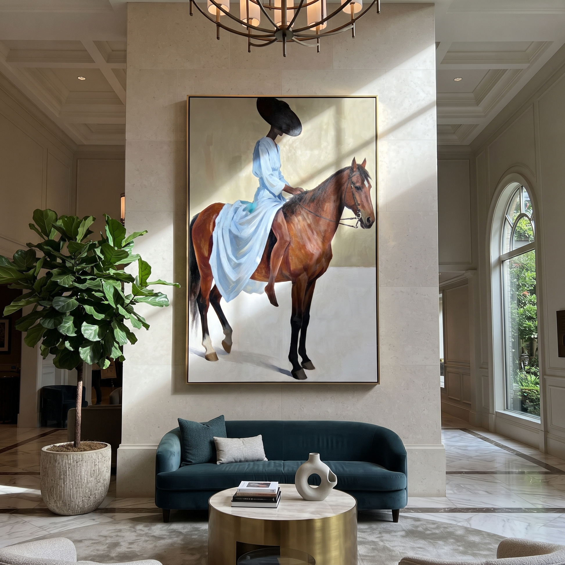 Western Stars Share the Long Journey - horse and rider painting by Isabelle Laurent, modern Western vertical wall art – styled room scene view 3