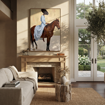 Western Stars Share the Long Journey - horse and rider painting by Isabelle Laurent, modern Western vertical wall art – styled room scene view 4