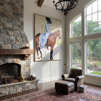 Western Stars Share the Long Journey - horse and rider painting by Isabelle Laurent, modern Western vertical wall art – styled room scene view 5