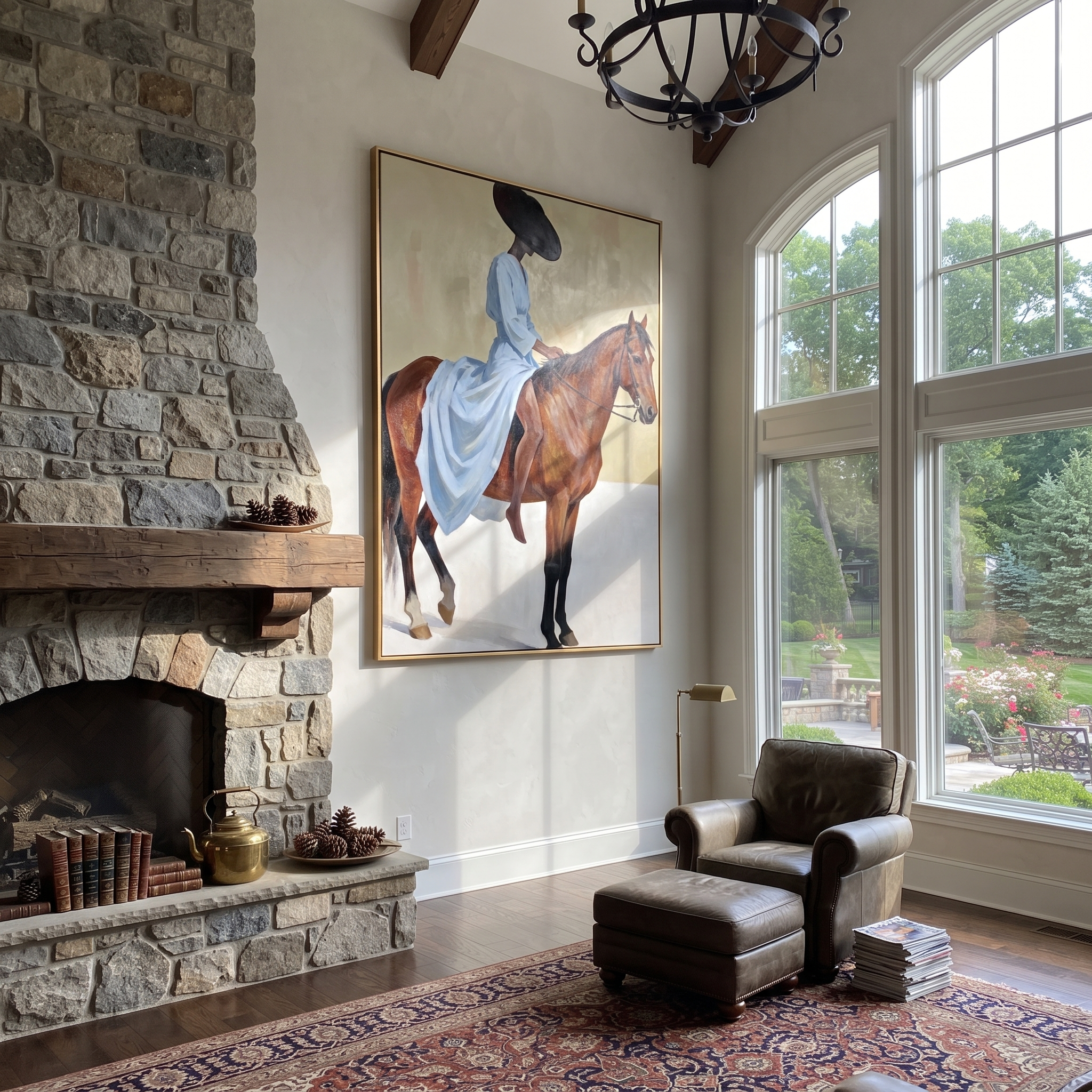 Western Stars Share the Long Journey - horse and rider painting by Isabelle Laurent, modern Western vertical wall art – styled room scene view 5
