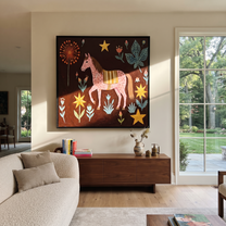 Gentle Strength Share the Long Journey - folk horse painting by Isabelle Laurent, modern Western square wall art – styled room scene view 1