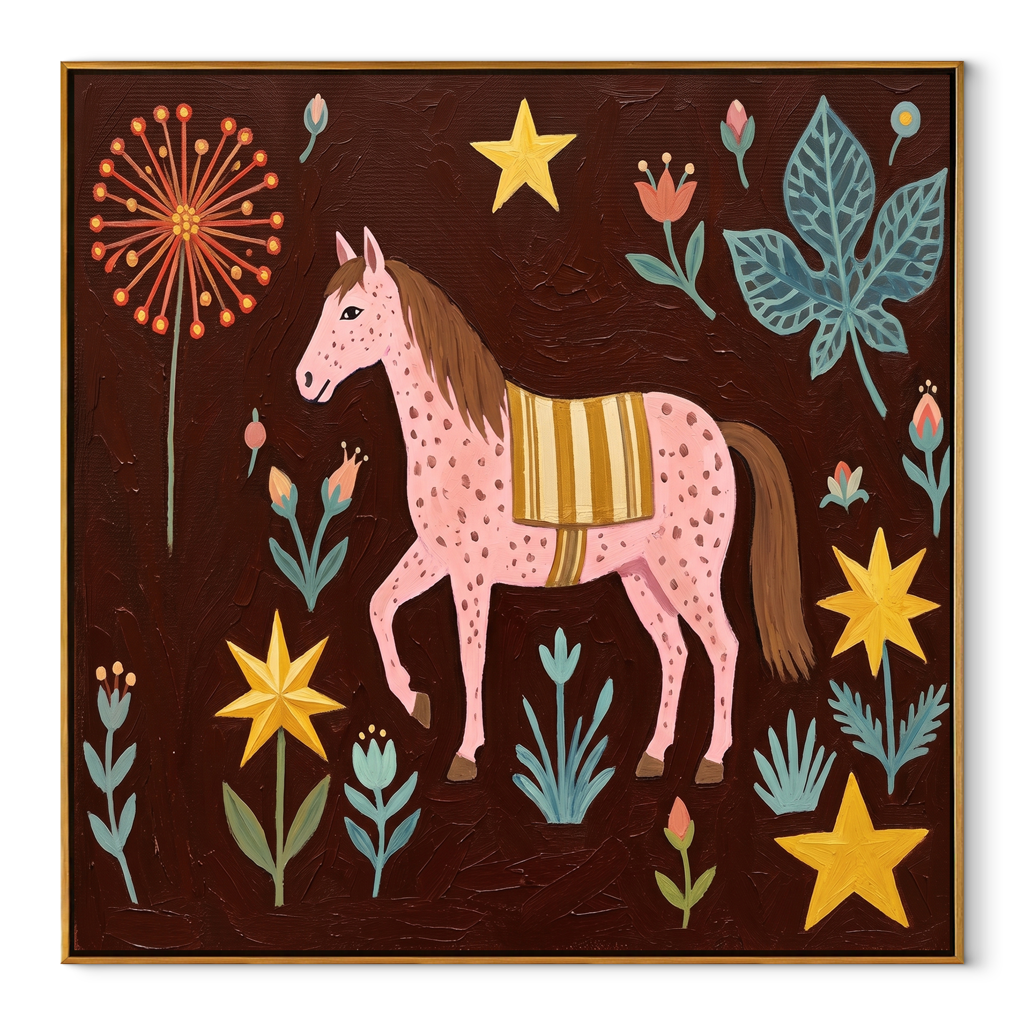 Gentle Strength Share the Long Journey - folk horse painting by Isabelle Laurent, modern Western square wall art – wood frame on white background