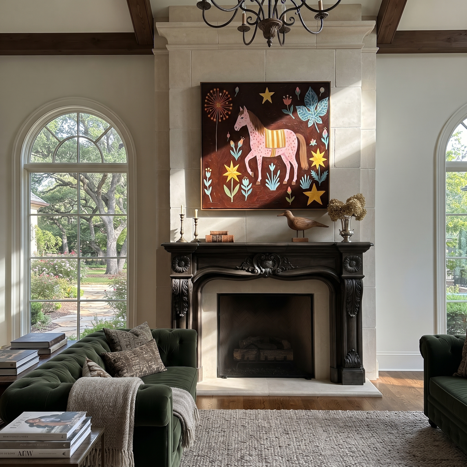 Gentle Strength Share the Long Journey - folk horse painting by Isabelle Laurent, modern Western square wall art – styled room scene view 2