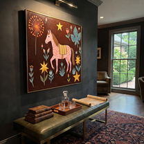 Gentle Strength Share the Long Journey - folk horse painting by Isabelle Laurent, modern Western square wall art – styled room scene view 3