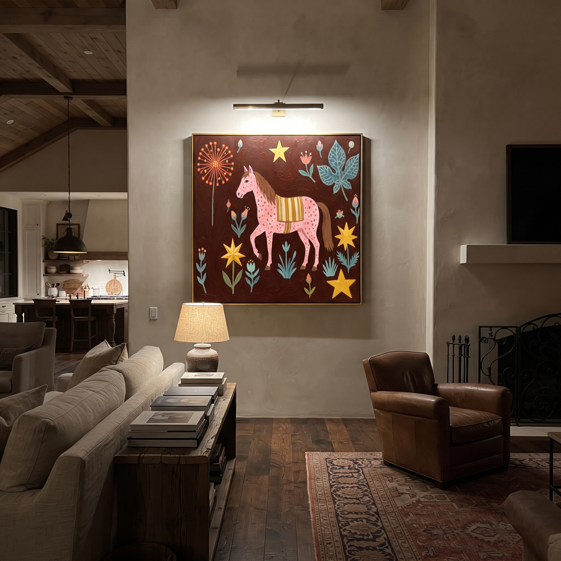 Gentle Strength Share the Long Journey - folk horse painting by Isabelle Laurent, modern Western square wall art – styled room scene view 4