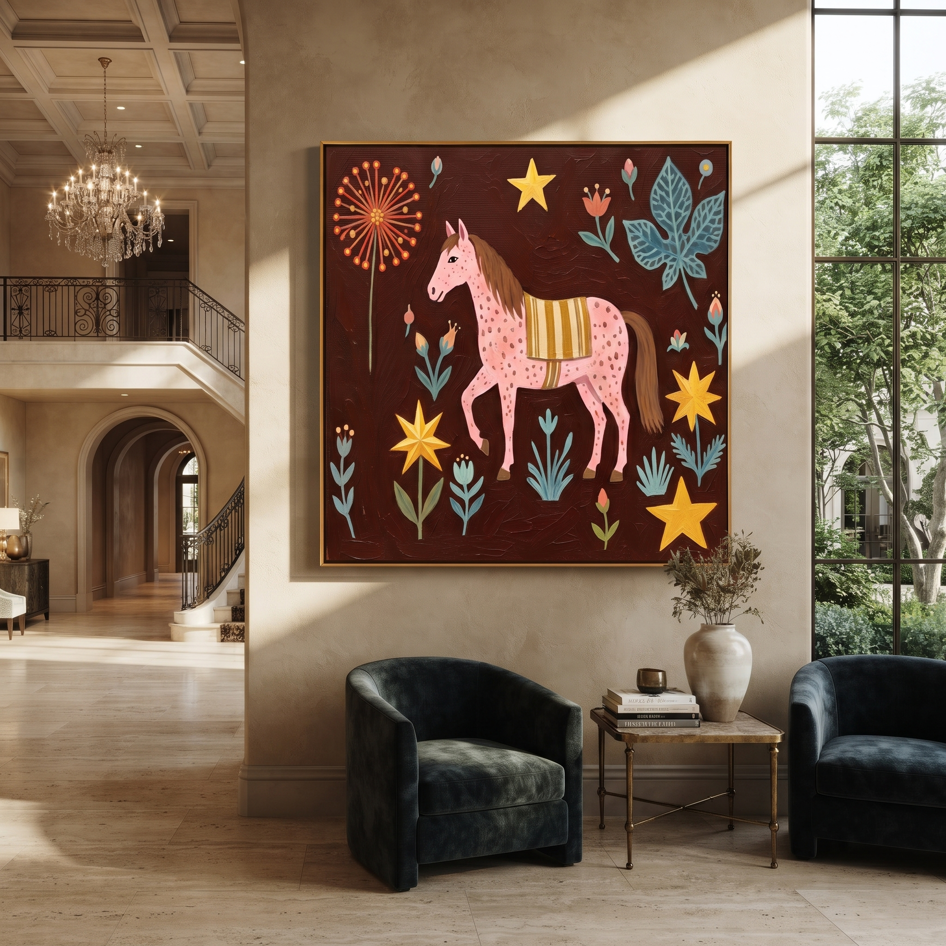 Gentle Strength Share the Long Journey - folk horse painting by Isabelle Laurent, modern Western square wall art – styled room scene view 5