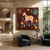 Gentle Strength Share the Long Journey - folk horse painting by Isabelle Laurent, modern Western square wall art – styled room scene view 5