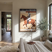 Desert Rhythm Share the Long Journey - expressive equestrian painting by Isabelle Laurent, modern Western vertical wall art – styled room scene view 1