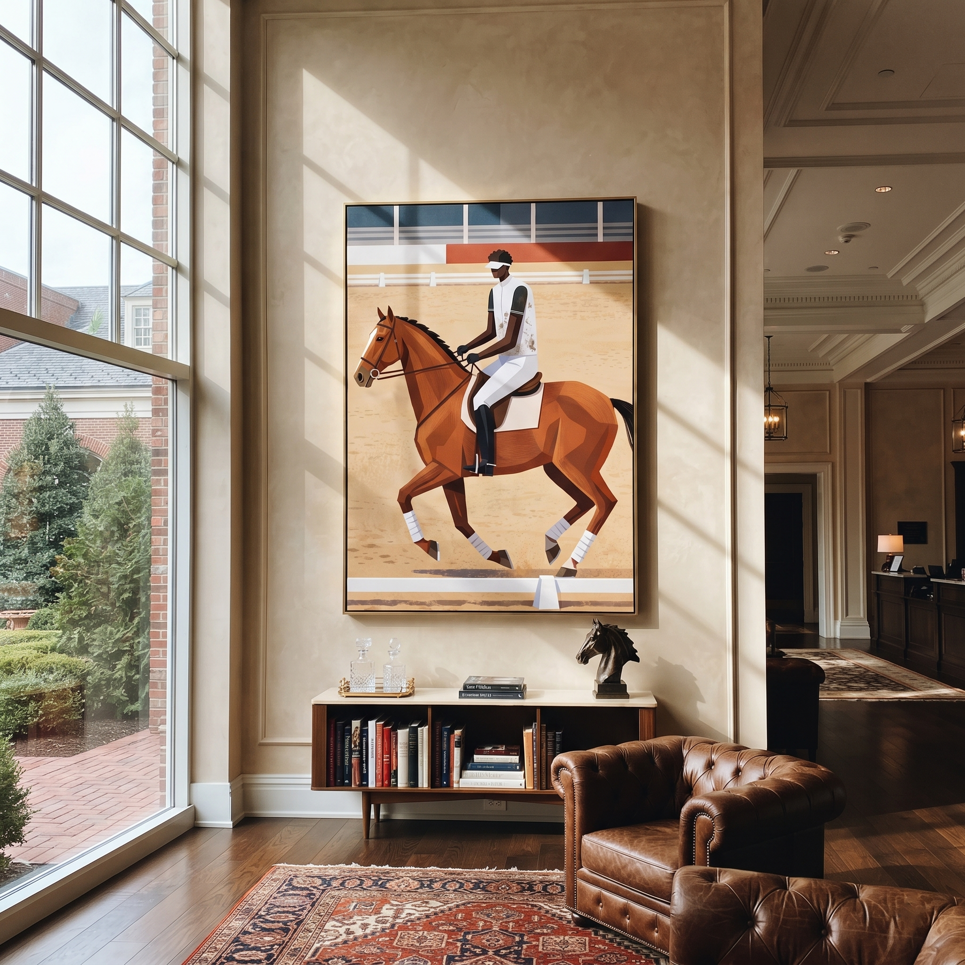 Desert Rhythm Share the Long Journey - expressive equestrian painting by Isabelle Laurent, modern Western vertical wall art – styled room scene view 2