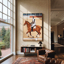 Desert Rhythm Share the Long Journey - expressive equestrian painting by Isabelle Laurent, modern Western vertical wall art – styled room scene view 2