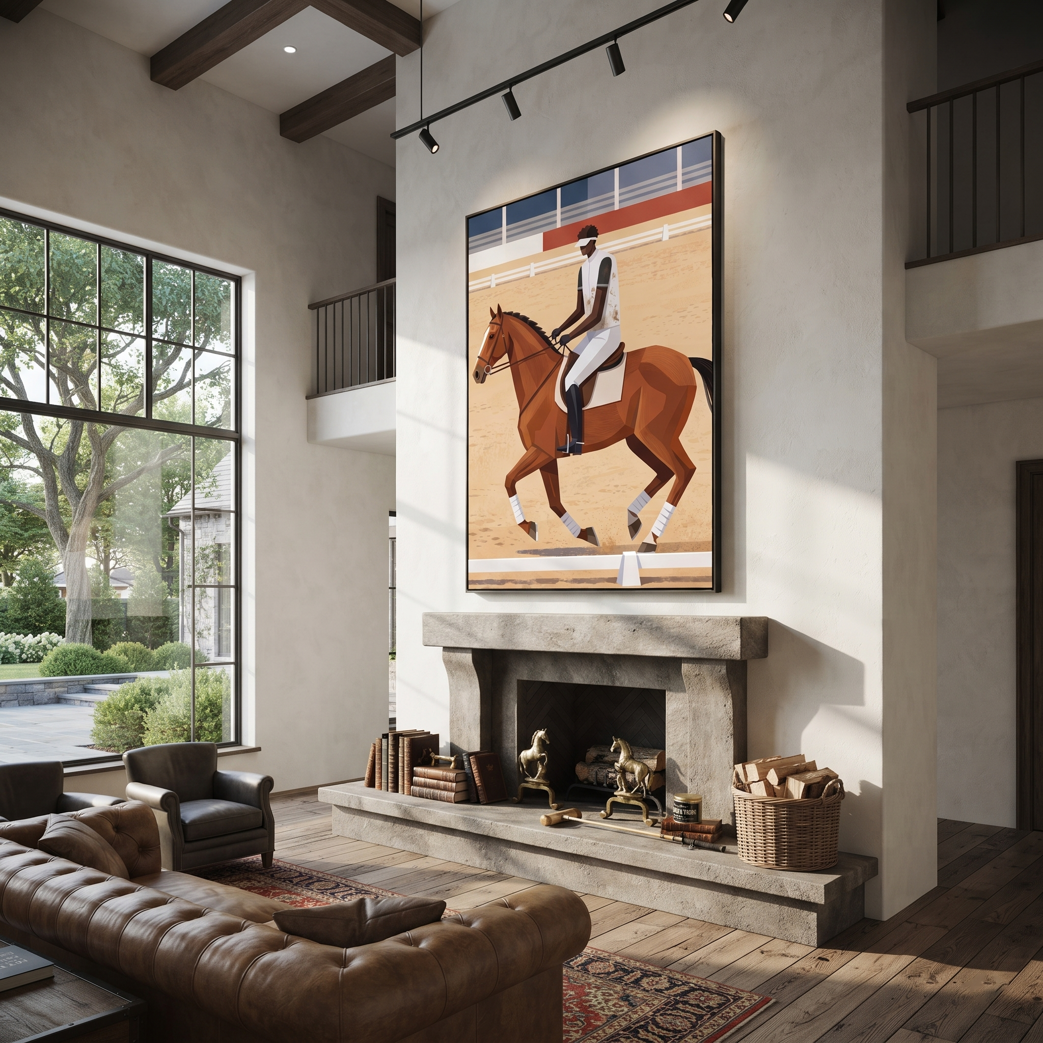 Desert Rhythm Share the Long Journey - expressive equestrian painting by Isabelle Laurent, modern Western vertical wall art – styled room scene view 3