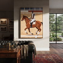Desert Rhythm Share the Long Journey - expressive equestrian painting by Isabelle Laurent, modern Western vertical wall art – styled room scene view 4