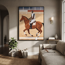 Desert Rhythm Share the Long Journey - expressive equestrian painting by Isabelle Laurent, modern Western vertical wall art – styled room scene view 5