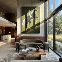 Moonlit Horse Share the Long Journey - expressive equestrian painting by Isabelle Laurent, modern Western vertical wall art – styled room scene view 1