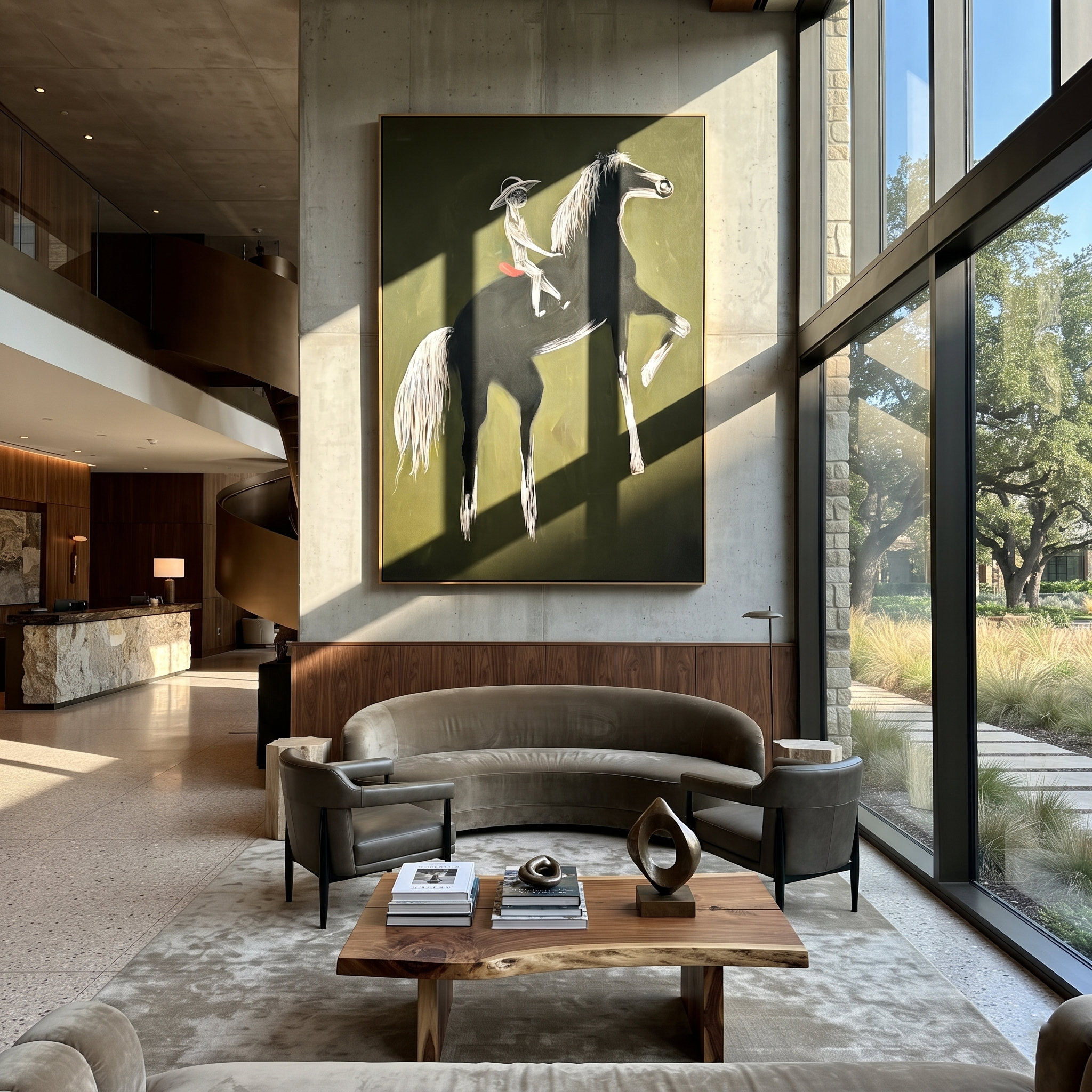 Moonlit Horse Share the Long Journey - expressive equestrian painting by Isabelle Laurent, modern Western vertical wall art – styled room scene view 1
