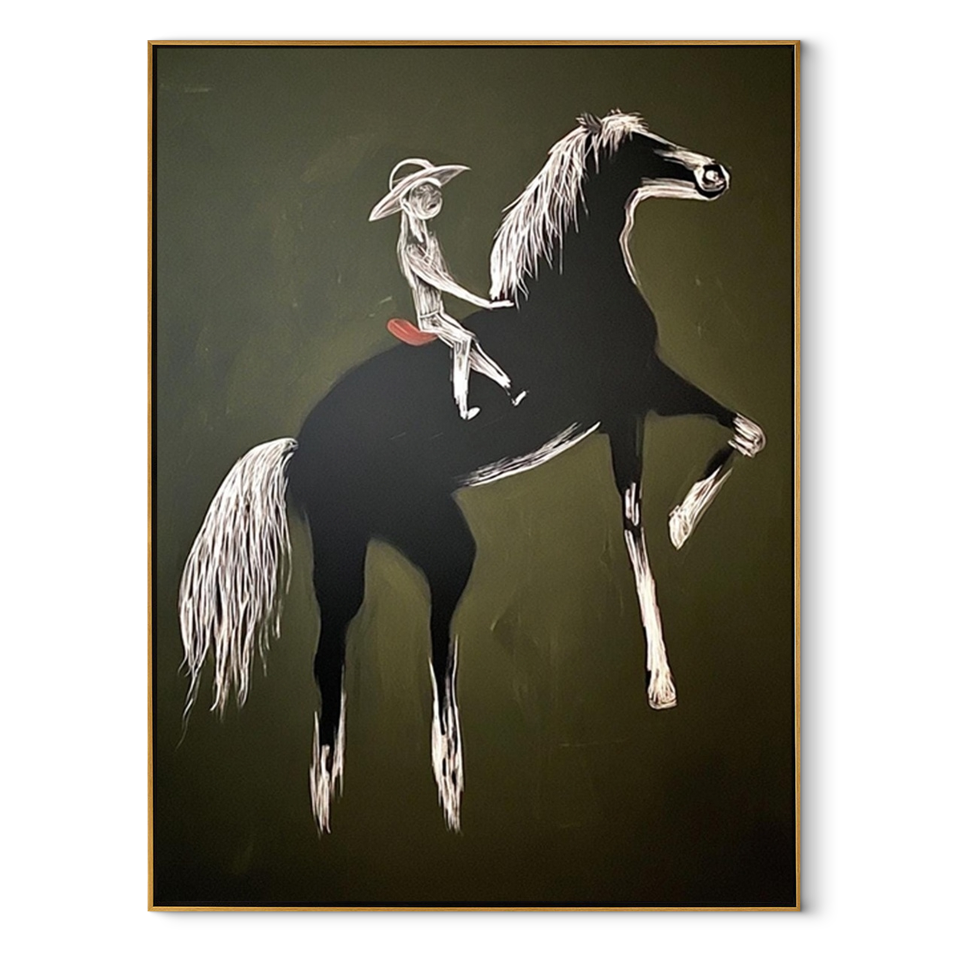 Moonlit Horse Share the Long Journey - expressive equestrian painting by Isabelle Laurent, modern Western vertical wall art – wood frame on white background