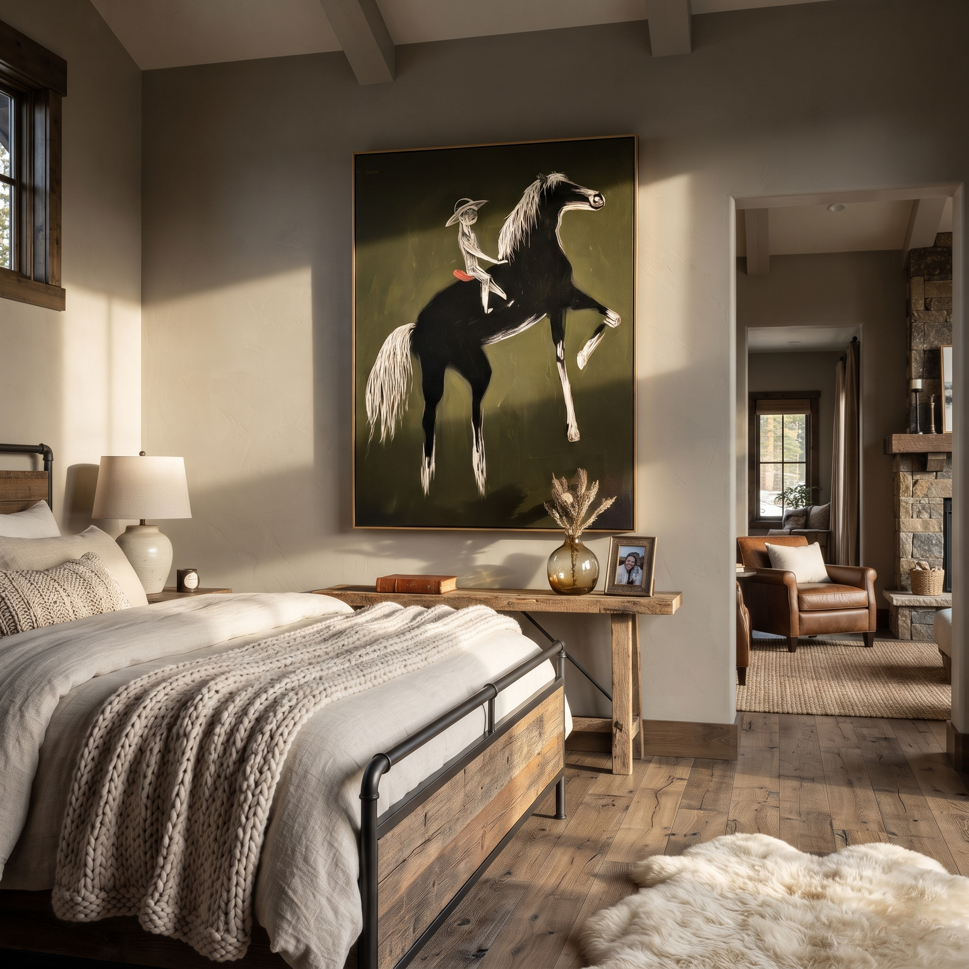 Moonlit Horse Share the Long Journey - expressive equestrian painting by Isabelle Laurent, modern Western vertical wall art – styled room scene view 2