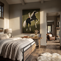 Moonlit Horse Share the Long Journey - expressive equestrian painting by Isabelle Laurent, modern Western vertical wall art – styled room scene view 2