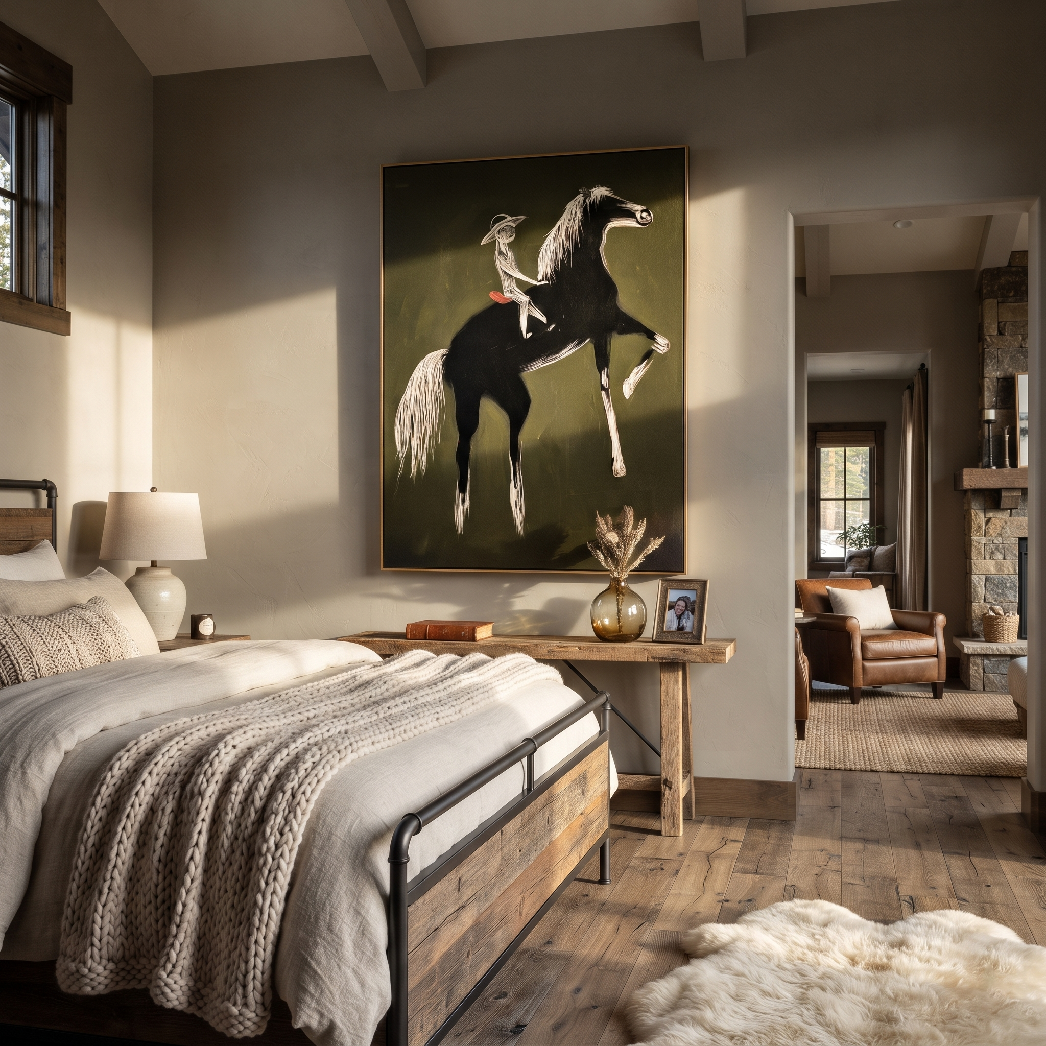 Moonlit Horse Share the Long Journey - expressive equestrian painting by Isabelle Laurent, modern Western vertical wall art – styled room scene view 2