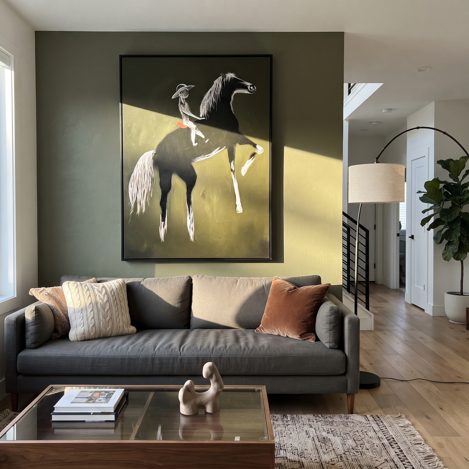 Moonlit Horse Share the Long Journey - expressive equestrian painting by Isabelle Laurent, modern Western vertical wall art – styled room scene view 3
