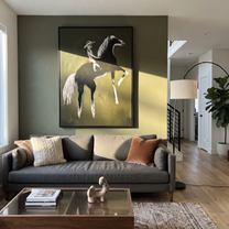 Moonlit Horse Share the Long Journey - expressive equestrian painting by Isabelle Laurent, modern Western vertical wall art – styled room scene view 3