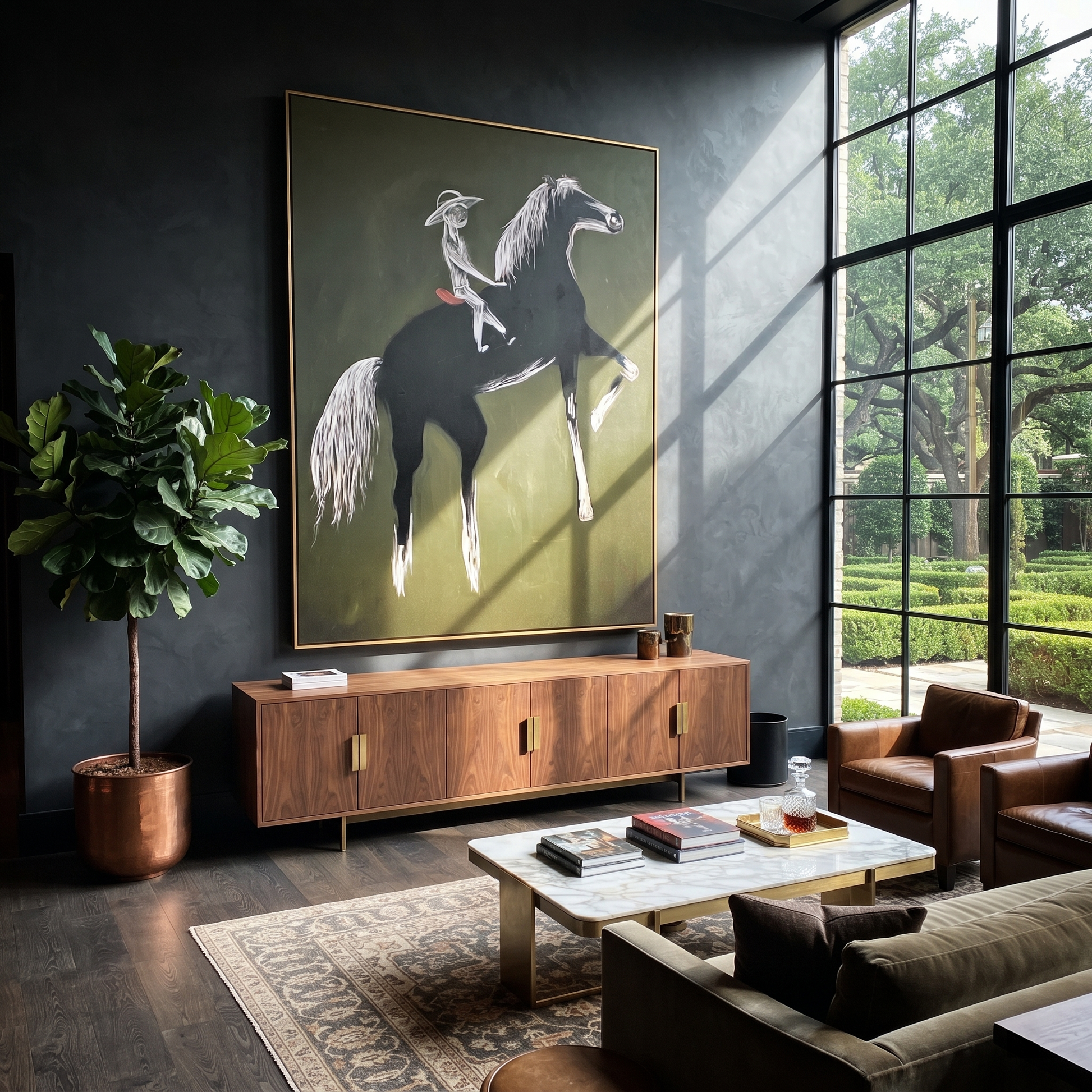 Moonlit Horse Share the Long Journey - expressive equestrian painting by Isabelle Laurent, modern Western vertical wall art – styled room scene view 4