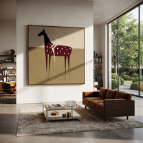 Wild Grace Share the Long Journey - symbolic horse and rider painting by Isabelle Laurent, modern Western square wall art – styled room scene view 1