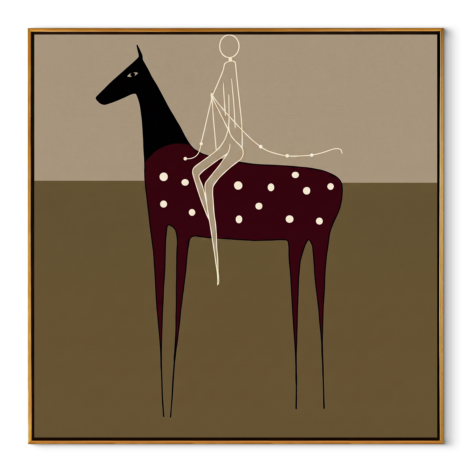 Wild Grace Share the Long Journey - symbolic horse and rider painting by Isabelle Laurent, modern Western square wall art – wood frame on white background